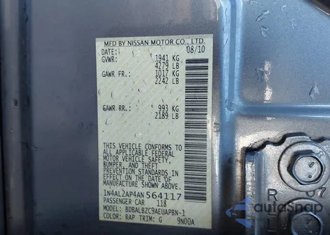 2010 Nissan Altima 2.5 S z USA, uszkodzony, nr VIN 1N4AL2AP4AN564117